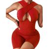 imageLYANER Womens Cut Out Crisscross Wrap Short Jumpsuit Bodysuit One Piece CatsuitRed