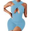 imageLYANER Womens Cut Out Crisscross Wrap Short Jumpsuit Bodysuit One Piece CatsuitSky Blue