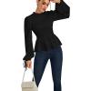 imageLYANER Womens Frill Mock Neck Shirred Ruffle Hem Puff Long Sleeve Blouse Top ShirtBlack