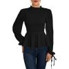 imageLYANER Womens Frill Mock Neck Shirred Ruffle Hem Puff Long Sleeve Blouse Top ShirtBlack