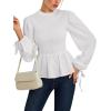 imageLYANER Womens Frill Mock Neck Shirred Ruffle Hem Puff Long Sleeve Blouse Top ShirtWhite