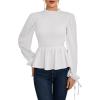imageLYANER Womens Frill Mock Neck Shirred Ruffle Hem Puff Long Sleeve Blouse Top ShirtWhite