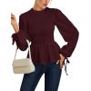 imageLYANER Womens Frill Mock Neck Shirred Ruffle Hem Puff Long Sleeve Blouse Top ShirtWine Red