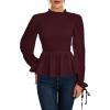 imageLYANER Womens Frill Mock Neck Shirred Ruffle Hem Puff Long Sleeve Blouse Top ShirtWine Red