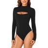 imageLYANER Womens Mock Neck Sexy Cutout Front Long Sleeve Slim Fit Bodysuit Leotard TopBlack