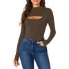 imageLYANER Womens Mock Neck Sexy Cutout Front Long Sleeve Slim Fit Bodysuit Leotard TopDark Brown