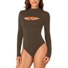 imageLYANER Womens Mock Neck Sexy Cutout Front Long Sleeve Slim Fit Bodysuit Leotard TopDark Brown