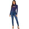 imageLYANER Womens Mock Neck Sexy Cutout Front Long Sleeve Slim Fit Bodysuit Leotard TopNavy Blue