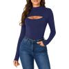 imageLYANER Womens Mock Neck Sexy Cutout Front Long Sleeve Slim Fit Bodysuit Leotard TopNavy Blue