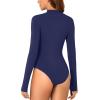 imageLYANER Womens Mock Neck Sexy Cutout Front Long Sleeve Slim Fit Bodysuit Leotard TopNavy Blue
