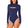 imageLYANER Womens Mock Neck Sexy Cutout Front Long Sleeve Slim Fit Bodysuit Leotard TopNavy Blue