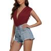 imageLYANER Womens Sexy Deep V Neck Ruched Sleeveless Tank Leotard Bodysuit TopWine Red