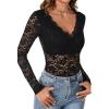 imageLYANER Womens Sexy Lace Bodysuit Deep V Neck Body Suits Sheer Long Sleeve Slim Fit Leotards TopsBlack