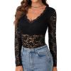 imageLYANER Womens Sexy Lace Bodysuit Deep V Neck Body Suits Sheer Long Sleeve Slim Fit Leotards TopsBlack