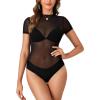imageLYANER Womens Sexy Sheer Mock Neck Short Sleeve Leotard Bodysuit TopBlack