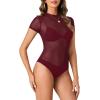 imageLYANER Womens Sexy Sheer Mock Neck Short Sleeve Leotard Bodysuit TopBurgundy