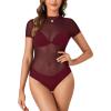 imageLYANER Womens Sexy Sheer Mock Neck Short Sleeve Leotard Bodysuit TopBurgundy