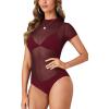 imageLYANER Womens Sexy Sheer Mock Neck Short Sleeve Leotard Bodysuit TopBurgundy