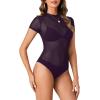 imageLYANER Womens Sexy Sheer Mock Neck Short Sleeve Leotard Bodysuit TopDeep Purple