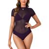 imageLYANER Womens Sexy Sheer Mock Neck Short Sleeve Leotard Bodysuit TopDeep Purple