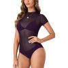 imageLYANER Womens Sexy Sheer Mock Neck Short Sleeve Leotard Bodysuit TopDeep Purple