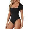 imageLYANER Womens Square Neck Bodysuit Short Sleeve Sexy Slim Fit Shirt Leotard TopBlack