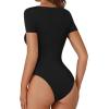imageLYANER Womens Square Neck Bodysuit Short Sleeve Sexy Slim Fit Shirt Leotard TopBlack
