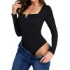 imageLYANER Womens Sweetheart Neck Long Sleeve Slim Fit Stretchy Bodysuit Leotards TopBlack