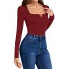 imageLYANER Womens Sweetheart Neck Long Sleeve Slim Fit Stretchy Bodysuit Leotards TopBurgundy