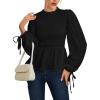 imageLYANER Womens Frill Mock Neck Shirred Ruffle Hem Puff Long Sleeve Blouse Top ShirtBlack