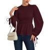 imageLYANER Womens Frill Mock Neck Shirred Ruffle Hem Puff Long Sleeve Blouse Top ShirtWine Red