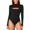 imageLYANER Womens Mock Neck Sexy Cutout Front Long Sleeve Slim Fit Bodysuit Leotard TopBlack