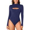 imageLYANER Womens Mock Neck Sexy Cutout Front Long Sleeve Slim Fit Bodysuit Leotard TopNavy Blue