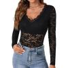 imageLYANER Womens Sexy Lace Bodysuit Deep V Neck Body Suits Sheer Long Sleeve Slim Fit Leotards TopsBlack