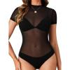 imageLYANER Womens Sexy Sheer Mock Neck Short Sleeve Leotard Bodysuit TopBlack