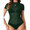 imageLYANER Womens Sexy Sheer Mock Neck Short Sleeve Leotard Bodysuit TopDark Green