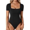 imageLYANER Womens Square Neck Bodysuit Short Sleeve Sexy Slim Fit Shirt Leotard TopBlack