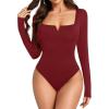 imageLYANER Womens Sweetheart Neck Long Sleeve Slim Fit Stretchy Bodysuit Leotards TopBurgundy