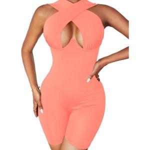 imageLYANER Womens Cut Out Crisscross Wrap Short Jumpsuit Bodysuit One Piece CatsuitCoral Pink