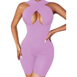 imageLYANER Womens Cut Out Crisscross Wrap Short Jumpsuit Bodysuit One Piece CatsuitLight Purple