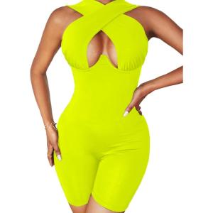 imageLYANER Womens Cut Out Crisscross Wrap Short Jumpsuit Bodysuit One Piece CatsuitNeon Yellow