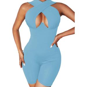 imageLYANER Womens Cut Out Crisscross Wrap Short Jumpsuit Bodysuit One Piece CatsuitSky Blue