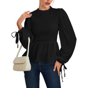 imageLYANER Womens Frill Mock Neck Shirred Ruffle Hem Puff Long Sleeve Blouse Top ShirtBlack