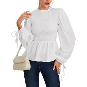 imageLYANER Womens Frill Mock Neck Shirred Ruffle Hem Puff Long Sleeve Blouse Top ShirtWhite