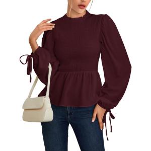 imageLYANER Womens Frill Mock Neck Shirred Ruffle Hem Puff Long Sleeve Blouse Top ShirtWine Red