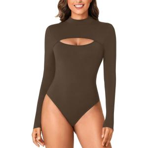imageLYANER Womens Mock Neck Sexy Cutout Front Long Sleeve Slim Fit Bodysuit Leotard TopDark Brown