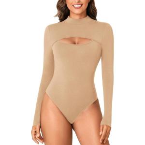 imageLYANER Womens Mock Neck Sexy Cutout Front Long Sleeve Slim Fit Bodysuit Leotard TopKhaki