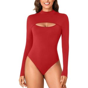 imageLYANER Womens Mock Neck Sexy Cutout Front Long Sleeve Slim Fit Bodysuit Leotard TopRed