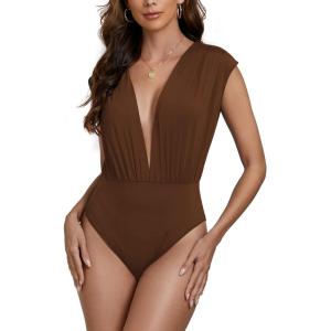 imageLYANER Womens Sexy Deep V Neck Ruched Sleeveless Tank Leotard Bodysuit TopMocha