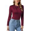 imageLYANER Womens Basic Smock Neck Pleated Long Sleeve Leotard Bodysuit TopBurgundy